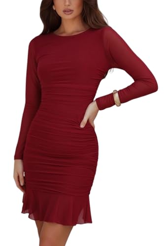 firfig Women's Christmas Dress Mesh Long Sleeve Ruched Bodycon Ruffle Hem Holiday Party Cocktail Mini Short Dress, Wine Red Small