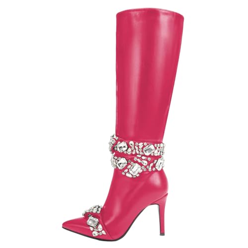 FSJ Women Rhinestone Crystal Knee High Boots Pointed Toe Stiletto Heel Boots Side Zipper Gemstone Strap Fashion Party Dress Shoes Size 4-16 US2