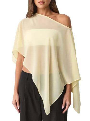 Alyweatry Women Chiffon Cape Shawls and Warps for Evening Dress Wedding Sheer Mesh Flowy Capelets Top (Yellow M)