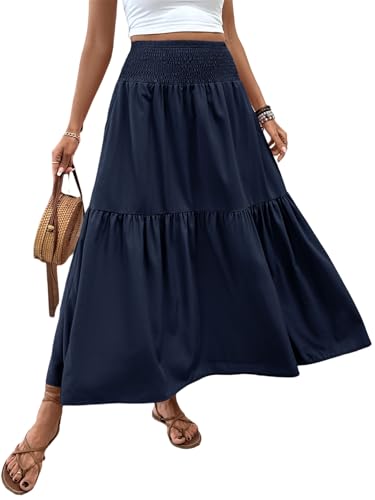 Women's Summer Floral Maxi A-Line Boho Skirt, Summer for Women 2025 Vacation Boho Floral Tiered (0,Navy Blue)