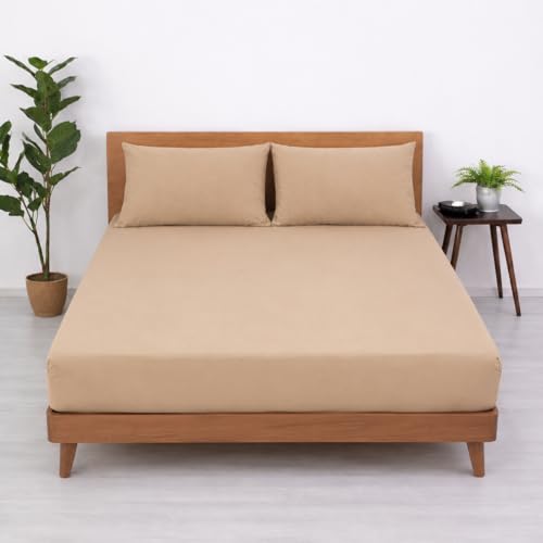 Image of Blue Strip Fitted Bedsheet with 2 Pillow Covers, Beige, 72x78 Inch, 360 Elastic, Fits Double, Queen & King Beds up to 8 inch Deep
