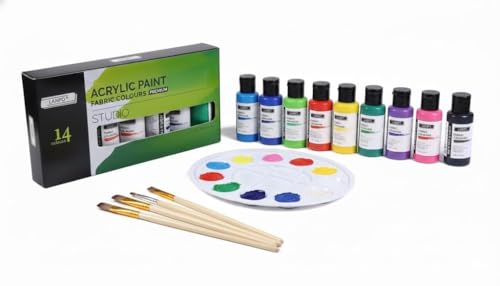 Image of Acrylic Fabric Paint Set 14 Colors with 4 Paint Brushes & Mixing Palette | Rich Pigmented Fabric Colours for Clothes, Canvas, Shoes, Wood, MDF, Ceramic, Stone, DIY Art & Craft Painting Kit (Lanpo Fabric Colours 14 Piece Set)
