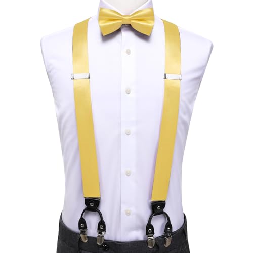 Image of Hi-Tie Men Suspender Bowtie Set Suspenders Pre-tied Bow Tie Pocket Square Cufflinks Adjustable Y Shape 6 Clips Braces Tuxedo