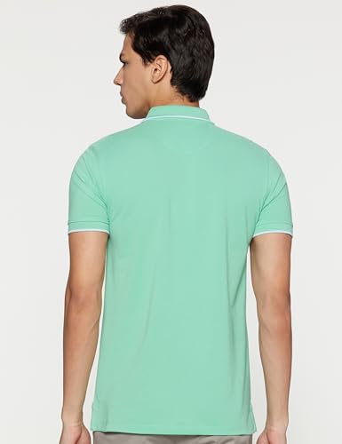 Image of Peter England Men's Snug Fit Solid Polo T-Shirt with Coloured Collar Tipping| Cotton Rich| Premium Pique Weave