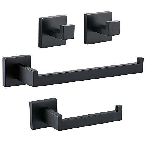 TURS 4 Piezas de Baño Hardware Set de Acero Inoxidable Soporte de Papel Higiénico Toalla Barra/Soporte Robe Gancho Montaje en Pared, Negro Mate, Q7X4-BK