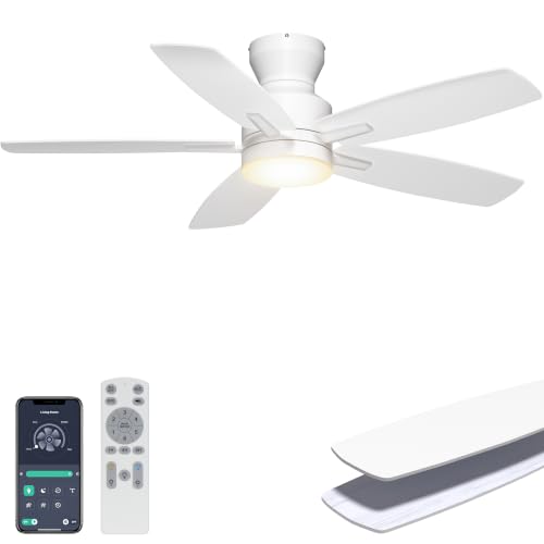 Ohniyou Ceiling Fans with Lights 42 Low Profile Ceiling Fan with Light and Remote/APP Control Modern Flush Mount Ceiling Fan for Indoor Bedroom Kitchen Dimmable Qiuet DC Motor White