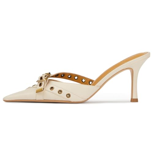 Yishaweiqi Buckle Strap Kitten Heels for Women Slip On Dress Pumps Shoes Pointed Toe Mule Sandals