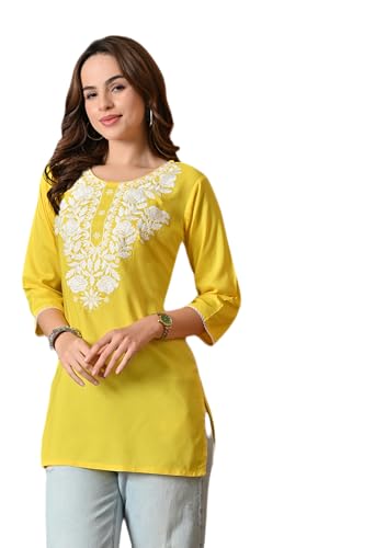 Image of LIBOZA Kurti for Women - Short Chikankari Kurtis for Girls, Lakhnawi Tunic Top Kurta Design for Ladies, Woman Ethnic Kurthis & Shirt with Sleeve
