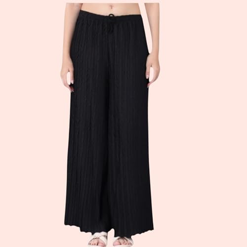 Image of Women Solid Wide Leg Palazzo Pants | Elastic Waist Drawstring Lounge Palazzo Trousers | Casual Comfortable Palazzo for Women & Girls (Pack of 2 Cream-Black
