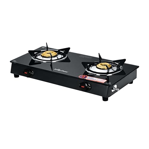 Image of Surya Flame Gas Stove 2 Burner with Glass Top, Brass Burners, 69%+ Thermal Efficiency & Toughened Glass, 2 Years Warranty & Doorstep Service across India