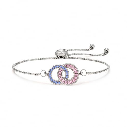 OVNMFH Personalized Mother & Daughter Linking Circles Bracelet Custom Interlocking Circle Birthstone Bracelet Adjustable Love from Mother Double Circles Bracelets Jewelry Gifts for Woman (Silver)
