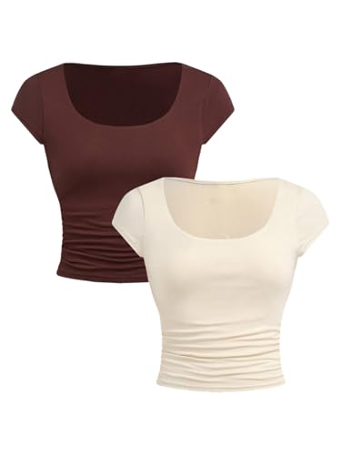 WDIRARA Girl's Two Piece Bow Graphic Crop Top Scoop Neck Fitted Cap Sleeve Ruched T Shirts