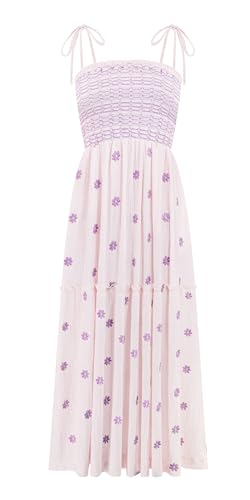 Image of R.Vivimos Womens Summer Cotton Boho Midi Dress 2026 Spaghetti Strap Floral Embroidered Smocked Tiered Flowy Long Dresses