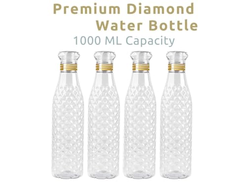 Image of Diamond Shape Plastic Water Bottle 1 Litre Leak Proof BPA Free Thick Drinking Bottle for Office Home Gym Travel Fridge Bottle with Airtight Cap - Pack of 6