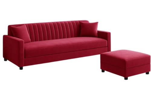 Image of Modern 3-Seater Wooden Sofa Set with Ottoman, Soft Velvet Upholstery, Comfortable Couch for Living Room, Office & Apartment - Red Color