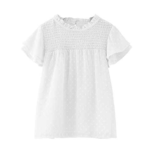 Camiseta reversible para niña y niña, con volantes, manga corta, cuello redondo, blusa suelta, verano, color sólido, informal, para niñas, 152, Blanco, 5-6 Años