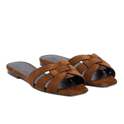 Image of THESHY Women's Flat Sandals Square Toe Patent Leather Comfortable Slip on Slippers Casual Summer Dressy Beach Slide Sandals for Women