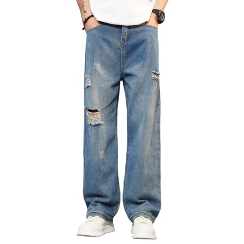 Men's Ripped Denim Pants High Waist Baggy Casual Straight Wide-Leg Fashion Vintage Comfort Distressed Jeans