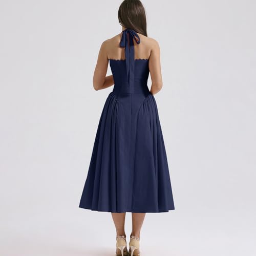 Image of Women Floral Corset Dress Halter Neck Low Cut Bustier Lace Midi Dress Flowy Pleated Hem Long Sundress with Pockets