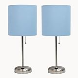 Simple Designs LC2001-BLU-2PK Brushed Steel Stick Table Lamp Set with Charging Outlet and Blue Fabric Shades, 2 Pack Set