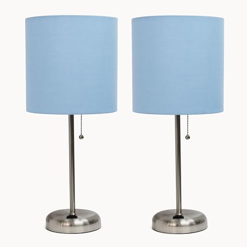 Simple Designs LC2001-BLU-2PK Brushed Steel Stick Table Lamp Set with Charging Outlet and Blue Fabric Shades, 2 Pack Set