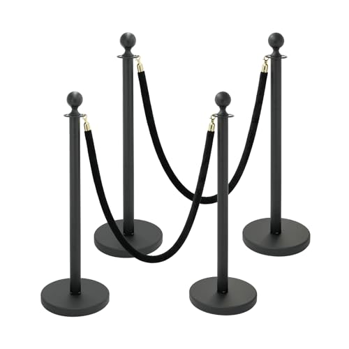 ZEKEYUN 4 Pack Black Crowd Control Stanchions with Velvet Ropes, Heavy Duty Metal Posts with Weighted Base, Rope Barriers for Events, Hotels, Theaters, Museums, Red Carpet Management