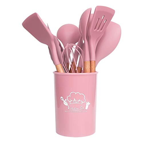 Kitchen Tools European Style Non-Stick cookware Silicone Spatula 11 Piece Set with Storage Barrel High Temperature Resistant Set (Color : E) (A)