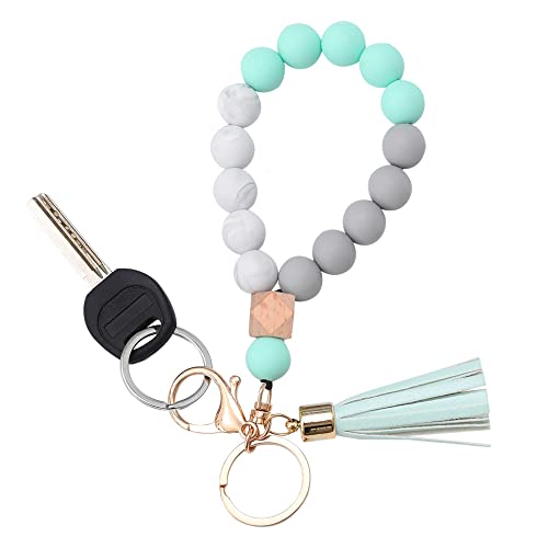 Image of BAOSIWA Silicone Key Ring Bracelet Wristlet Keychain Unique Beaded Bangle Key Chains for Women with Leather Tassel