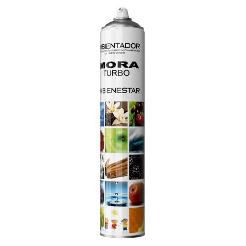 Ambientador TURBO MORA 750ml. Aerosol Profesional. Neutraliza orina, mascotas, tabaco. Para empresas, grandes espacios, casa, coche. Aroma Concentrada. Frescor potente y Duradera. Gusta a los niños