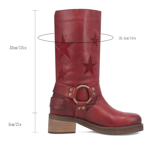 Image of Goolita Women's Buckle Biker Knee High Boots Square Toe Chunky Heel Star Moto Mid Calf Boots Slip On Motorcycle Riding Boot