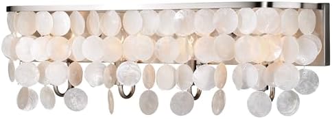VAXCEL Elsa 4-Light 28 inch Wide Satin Nickel Glam Bathroom Vanity Lighting Fixture, Capiz Shell Shade, Dimmable, LED Compatible, Over The Mirror Mounted Steel Wall Sconce, Full Backplate