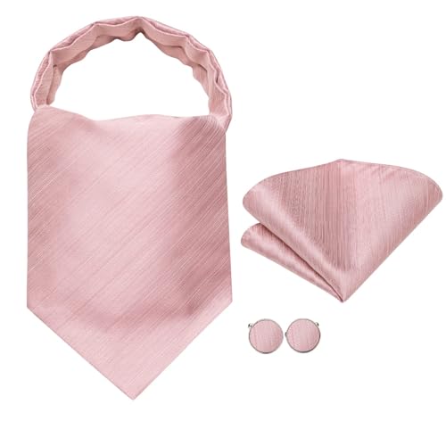 Image of Hi-Tie Silk Ascot for Men Self Tie Men's Cravat and Flower Lapel Pin Handkerchief Cufflinks Set for Wedding Party