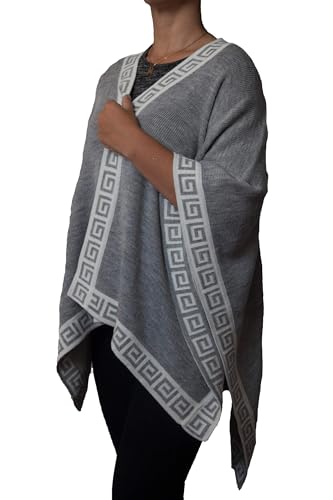 TINKUY Women’s Shawl, Authentic Peruvian Alpaca Wool Scarfs for Women Pashmina Shawl Ruana Wrap Poncho with Geometric Trim, (Silver Gray/Ivory)
