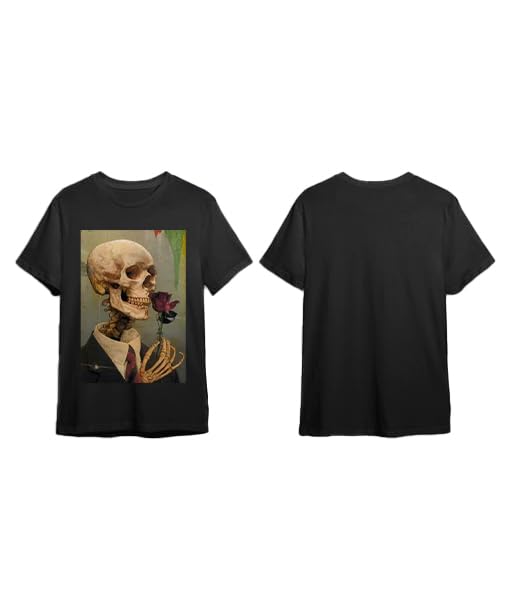 DigiProw asthetic Art Black Tshirt with Skelton Rose