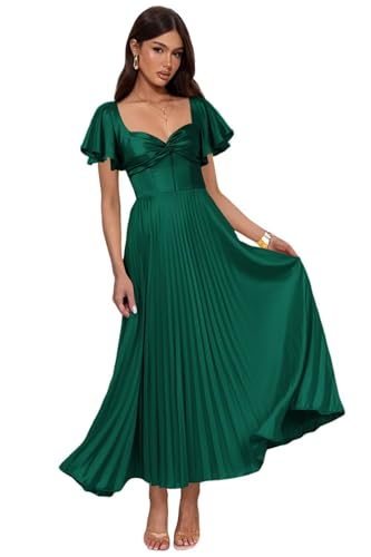 Pleated Satin Bridesmaid Dresses with Short Sleeves Backless Maxi Formal Evening Dress Hi032
