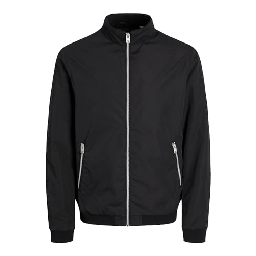 JACK & JONES Chaqueta bomber para hombre, ligera, cuello alto, cremallera completa, abrigo de manga larga para hombre, tallas S a 2XL, Negro, XL