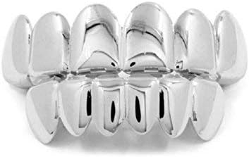 LMCIEZRLingduan 18K Gold Plated Hip Hop Removeable Mouth Grillz Set Removeable Fake Teeth Set Top and Bottom Denture Halloween Vampire Teeth Silver Flat Fake Teeth Set (Silver)