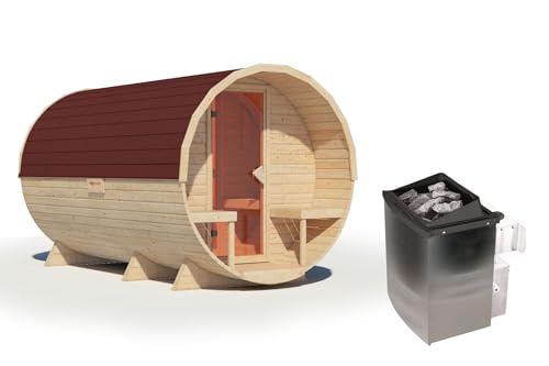 Karibu Fasssauna Set naturbelassen mit Ofen 9 kW integr. Strg., Kabel, Schindeln in versch. Längen (Länge 389 cm)