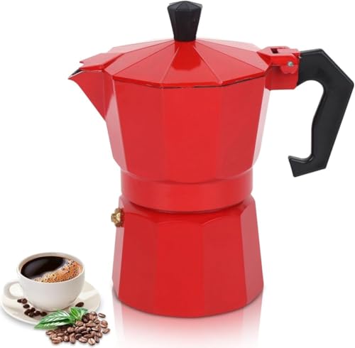 Image of 3D CREATIONS Alluminium Italian Style Stovetop Coffee Maker Moka Pot espresso Coffee percolator 6 cups of Coffee (Red, 300 ml)