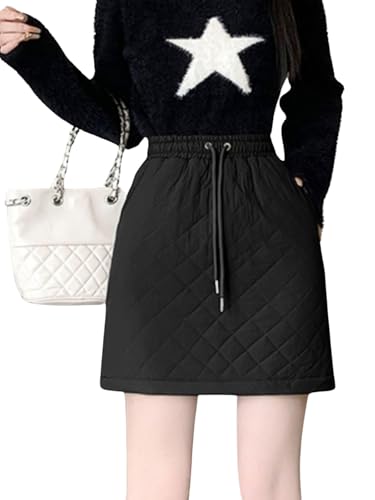 ebossy Women's Puffer Quilted Skirt Drawstring A-line Insulate Warm Skirt with Pockets Hiking Sport