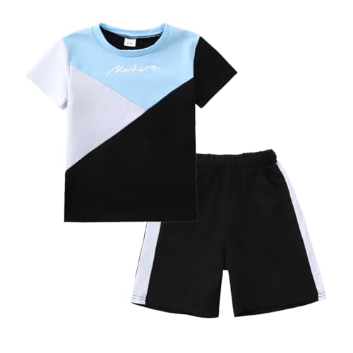 Image of Ayzozuy Boy Clothes Colorblock Top + Drawstring Waist Shorts 2 Pieces Kid Summer Outfits Set