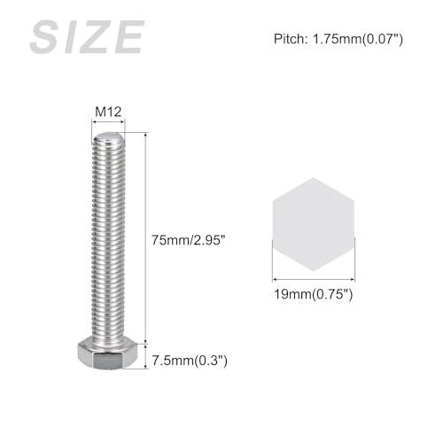 Image of METALLIXITY Hex Bolts (M12-1.75x75mm) 4Pcs, 304 Stainless Steel Coarse Fully Threaded Hex Head Screw Bolt Machine Screws - for Furniture Repair, Silver