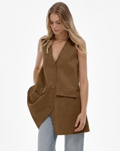 Locachy Women's Vintage Suede Vest Casual Button Down Waistcoat Steampunk Dress with Pockets2