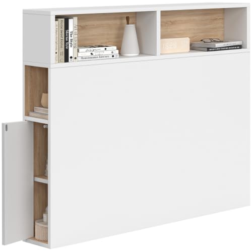 IDMarket - Tête de lit sur Pied Cleo 95 cm avec rangements fermés et niches Blanc et façon hêtre
