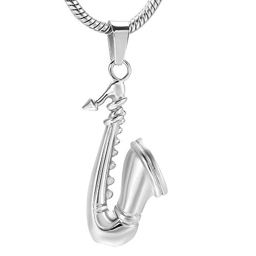 Stainless Steel Musical Instruments Cremation Jewelry for Ashes Pendant - Saxophone Keepsake Memorial Urn Necklace for Human/Pets (Silver)