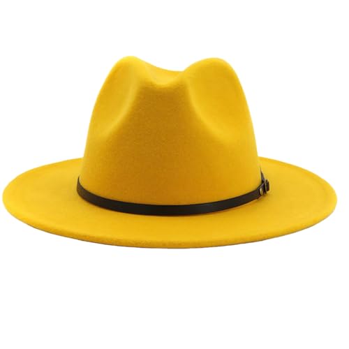 Bamboopack Fedora Chapeaux avec boucle de ceinture réglable classique à large bord en feutre Panama Chapeau trilby pour femme et homme (jaune)