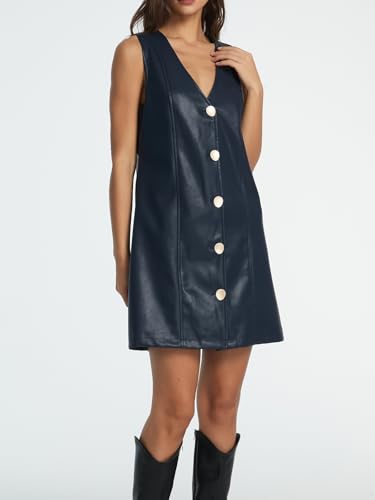 Women Faux Leather Mini Dress Sleeveless V Neck Button Down Pinafore Dress4