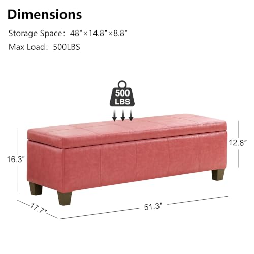 Image of 51 Inch Storage Ottoman, Storage Bench with Safety Hinge, Upholstered Synthetic Leather Ottoman Bench for Bedroom, Living Room, Entryway, Hallway, Foot Rest, Support 500lbs