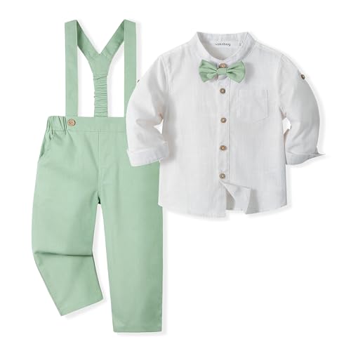 Volunboy Trajes para Bebé Niños de Boda Ceremonia Fiesta, Lino Camisa con Pajarita + Tirantes Pantalones 4 Piezas Conjunto Ropa(Verde Claro，2-3 años，Tamaño 100