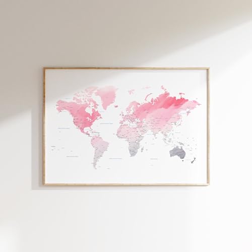 Carte du monde aquarelle rose gris poster géographique décoration murale de voyage encadrée